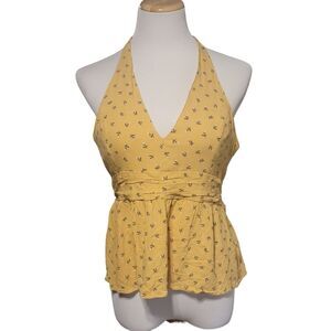 American Eagle Outfitters Yellow Halter Neck Smocked Floral Tank Top Size L